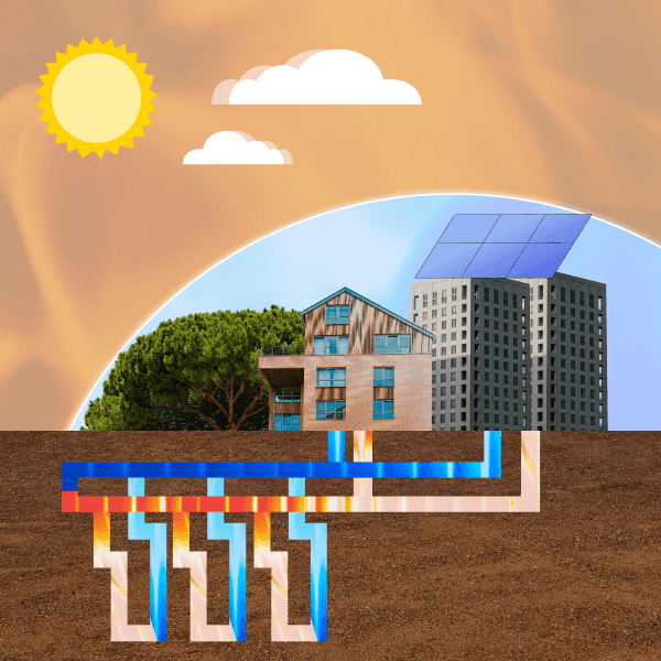 Shallow geothermal boreholes under a building, paired with rooftop PV Shallow geothermal boreholes under a building, paired with rooftop PV