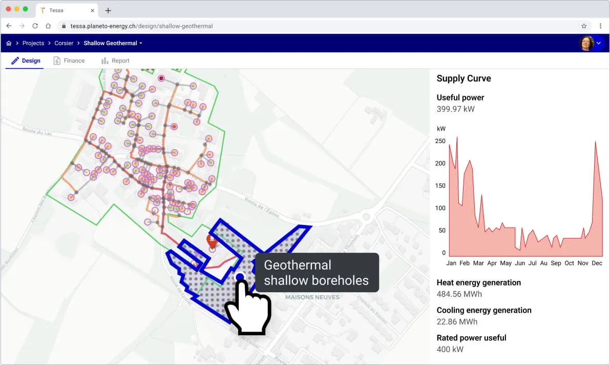A borehole field sized in Planeto, showing the annual supply curve with both heating and cooling energy generation A borehole field sized in Planeto, showing the annual supply curve with both heating and cooling energy generation