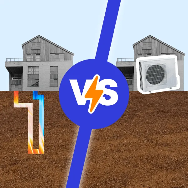 An air-source outdoor unit and a geothermal borehole field serving buildings on a shared underground loop